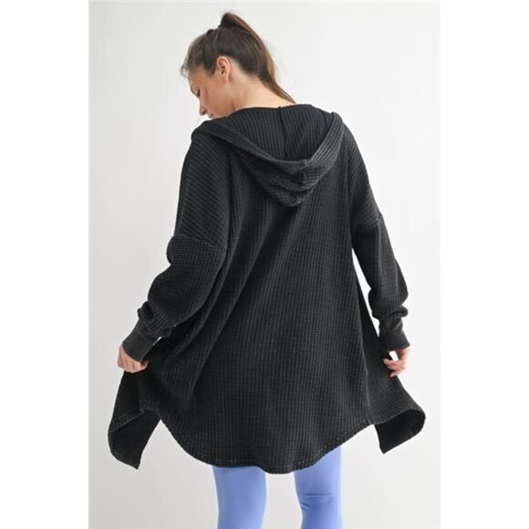 MONO B Chunky Waffle Mineral Wash Hooded‎ Open Cardigan - Picture 3 of 4